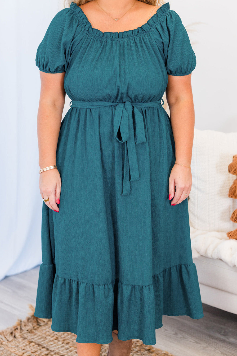 Frilled U Neck Puff Sleeve Belted Ruffle Hem Plus Size Midi Dress