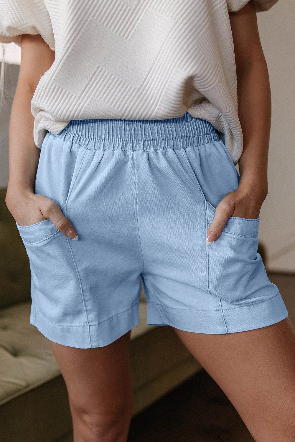 Light Wash Pocketed Wide Leg Denim Shorts