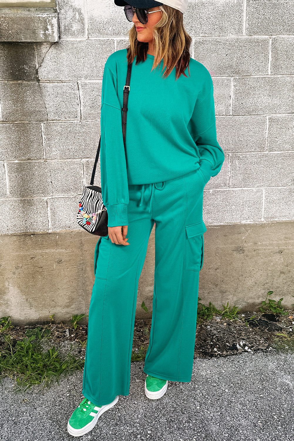 Solid Color Patchwork Pullover Top and Cargo Pants Set