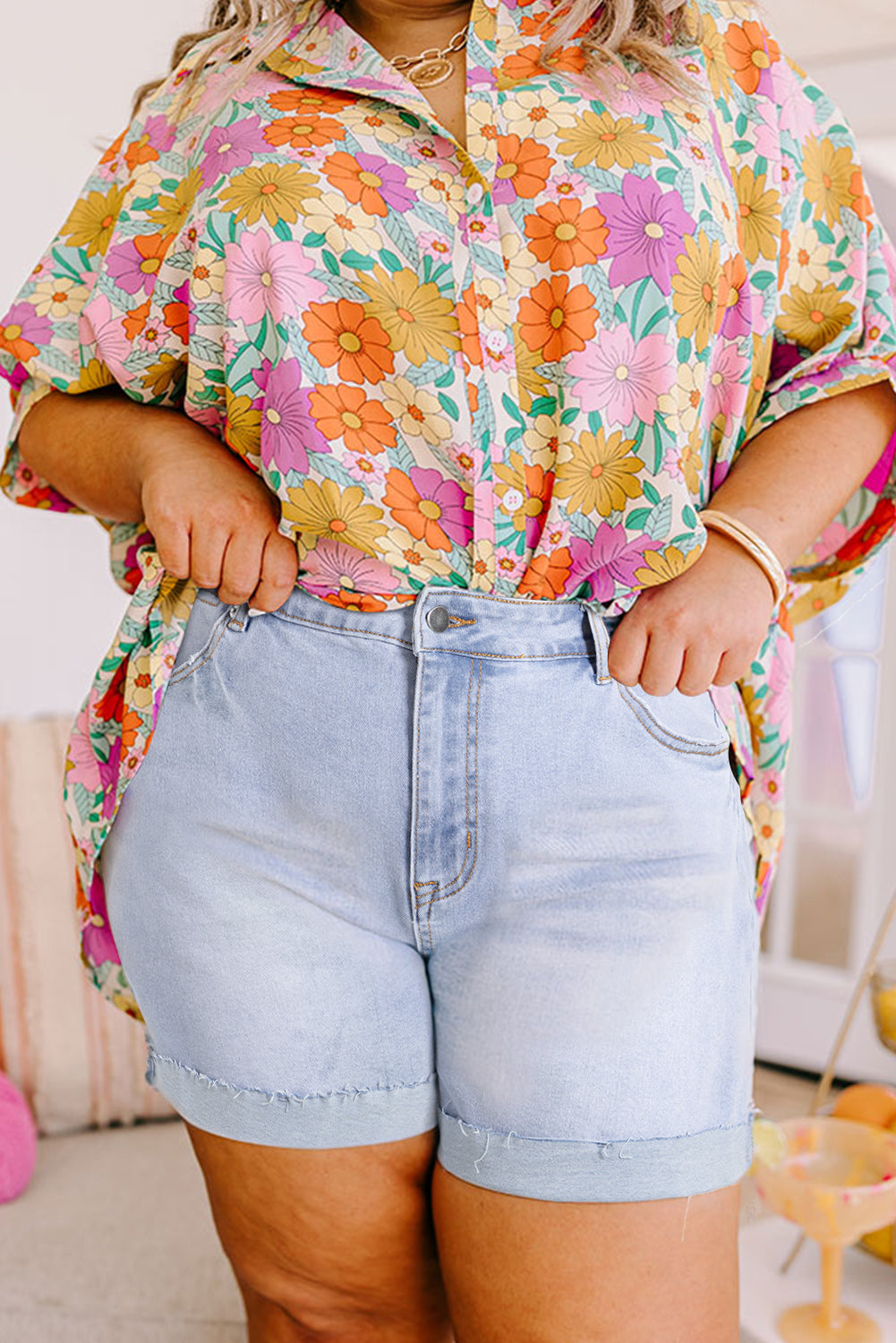 Folded Edge High Waist Plus Size Denim Shorts