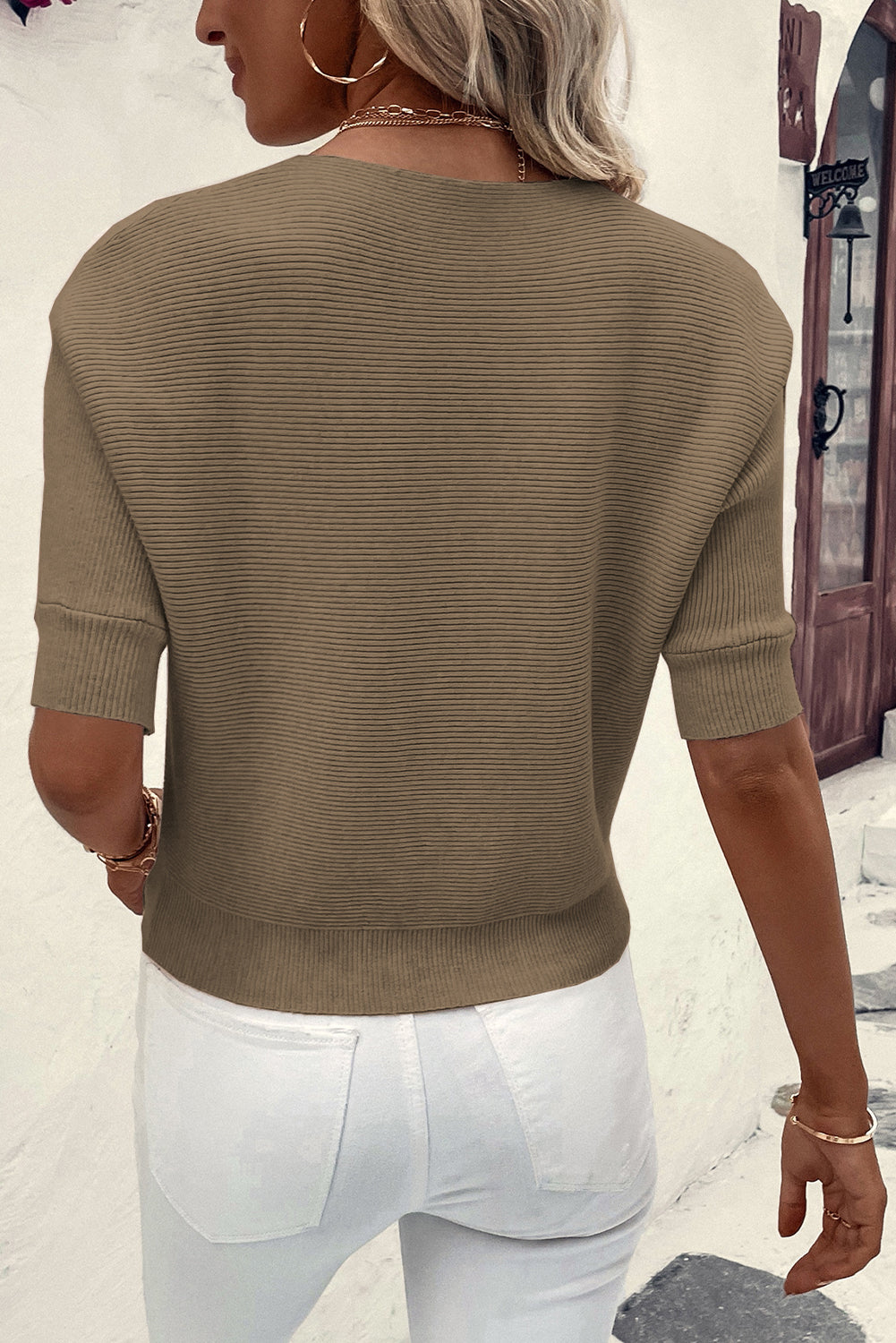 Round Neck Half Sleeve Ribbed Knit Top