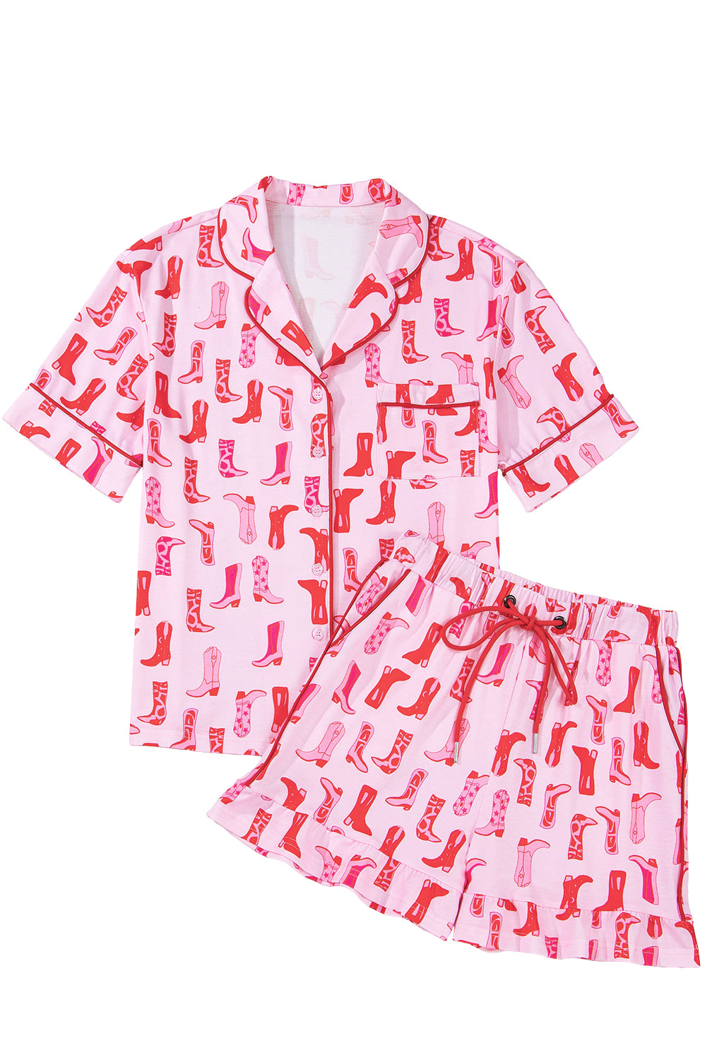 Western Cowgirl Boots Printed Shirt Ruffled Shorts Pajama Set