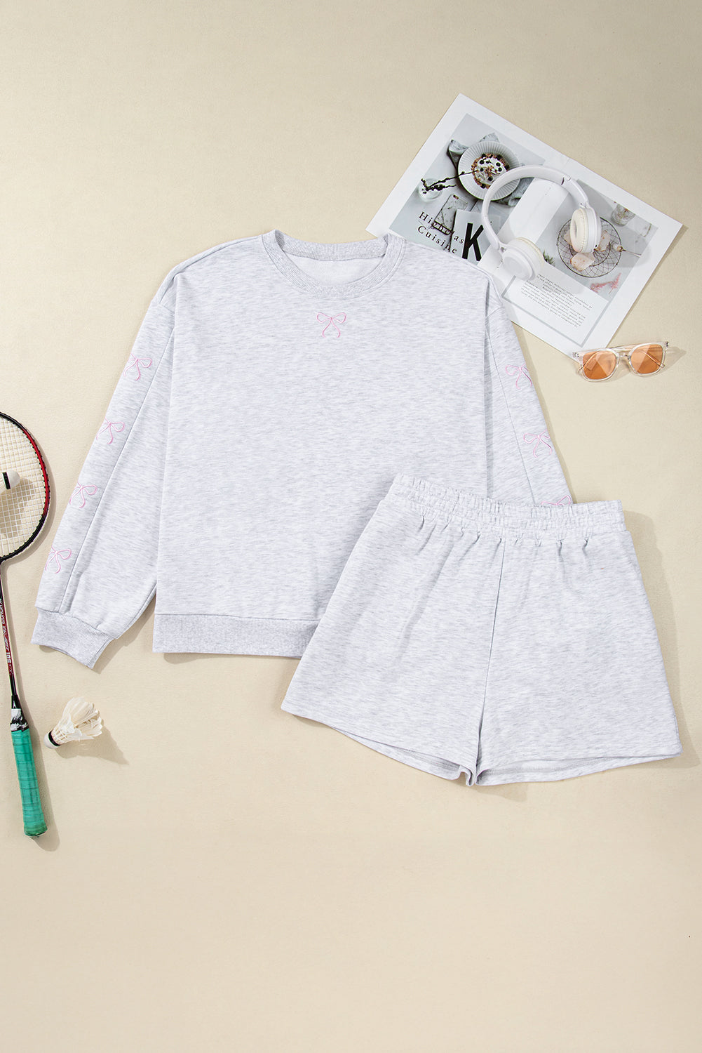 Girly Bow Embroidered Puff Sleeve Pullover Loose Shorts Plus 2pcs Outfit