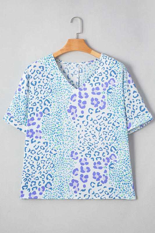 Leopard Print Short Sleeve V Neck Plus Size Top