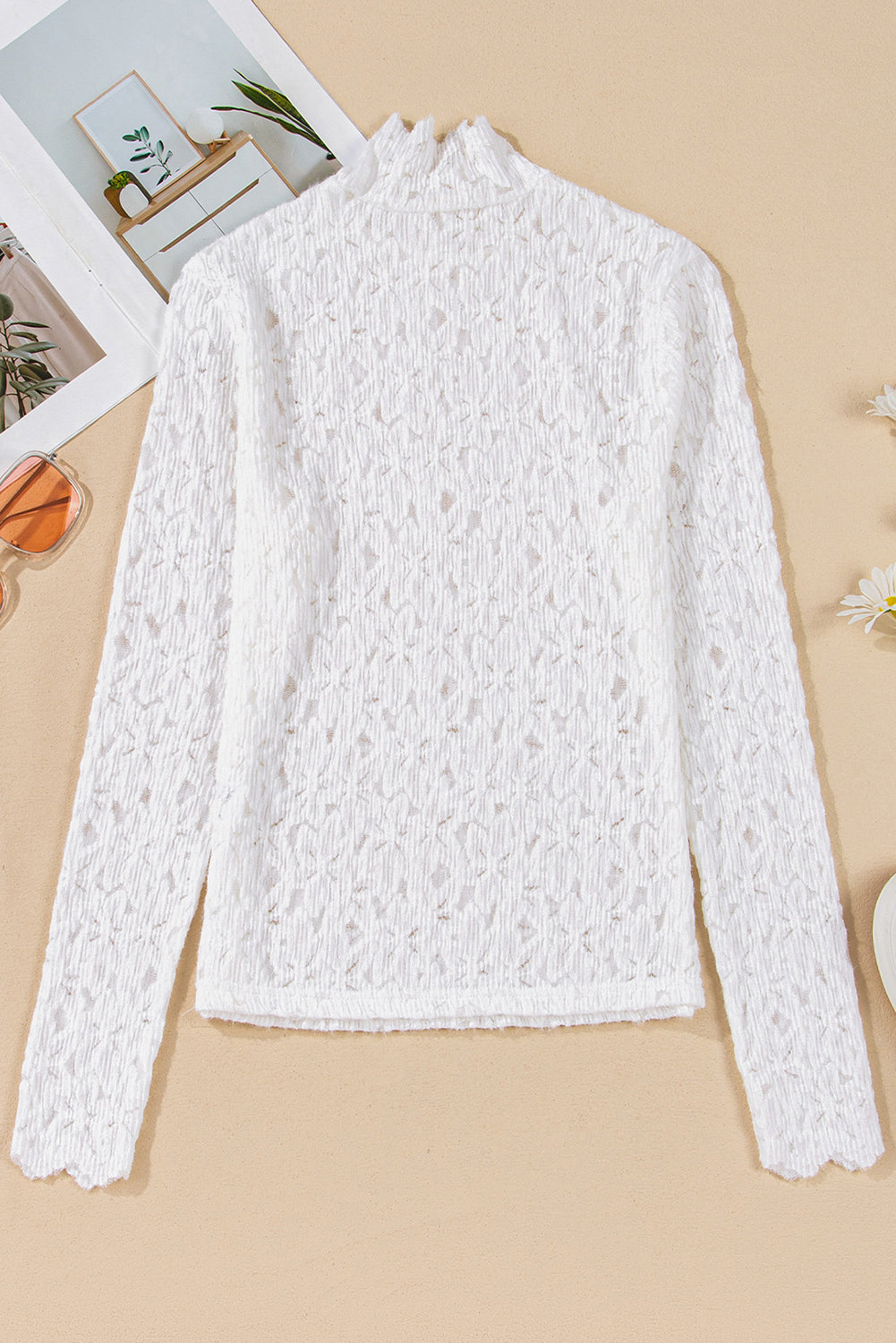 Flower Lace See Through Mock Neck Long Sleeve Top