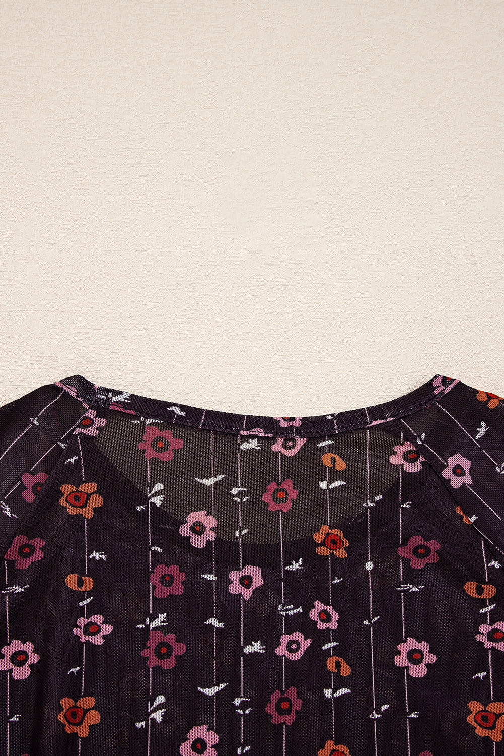 Floral Print Smocked Cuff Slim Fit Mesh Bodysuit