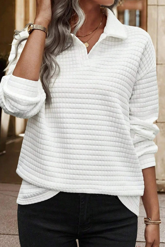 Quilted Texture Sporty Collared Long Sleeve Top