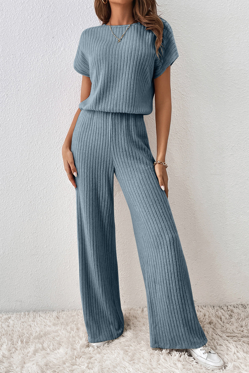 Ribbed Keyhole Short Sleeve Wide Leg Jumpsuit