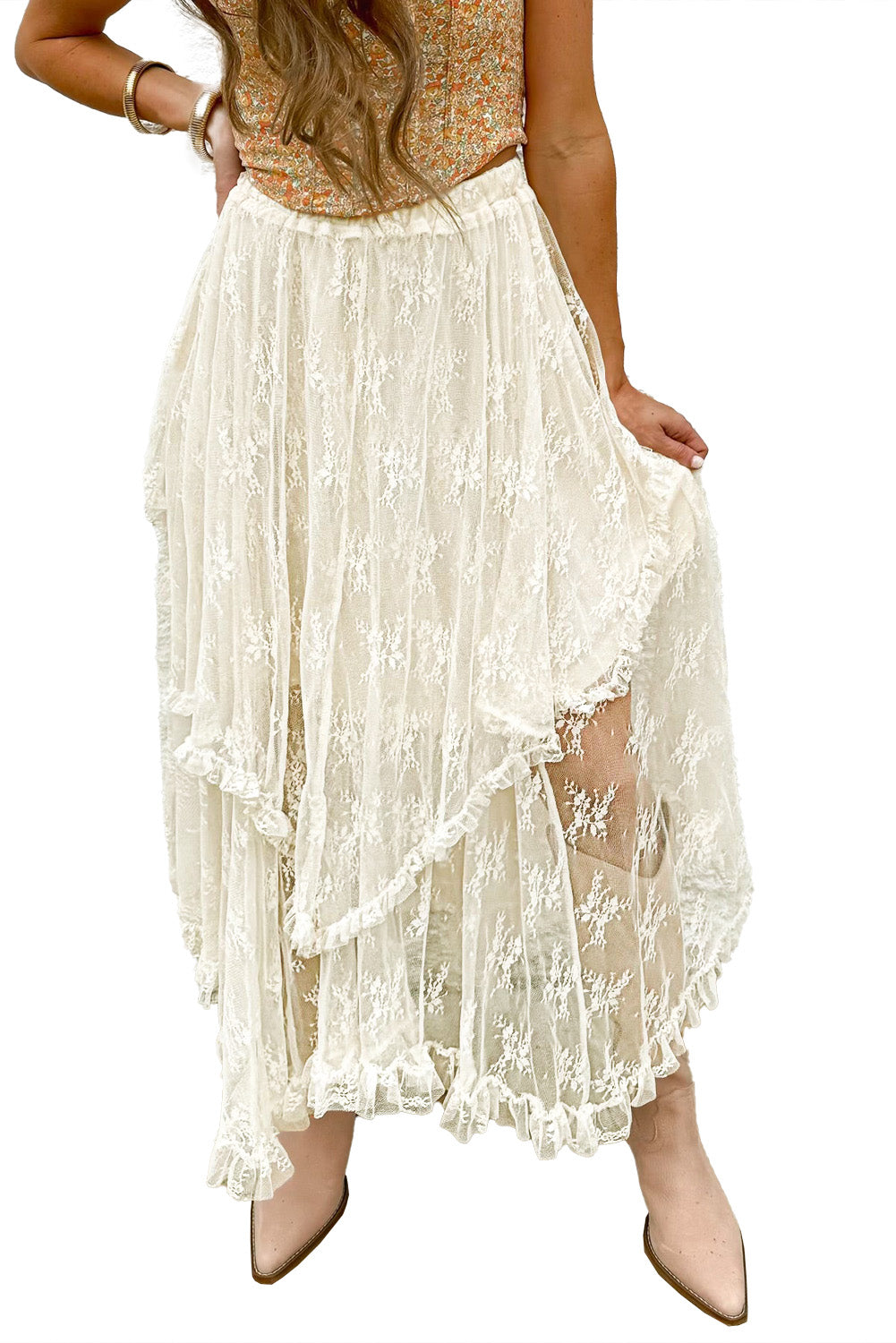 Lace Cascading Tiered High Waist Maxi Skirt