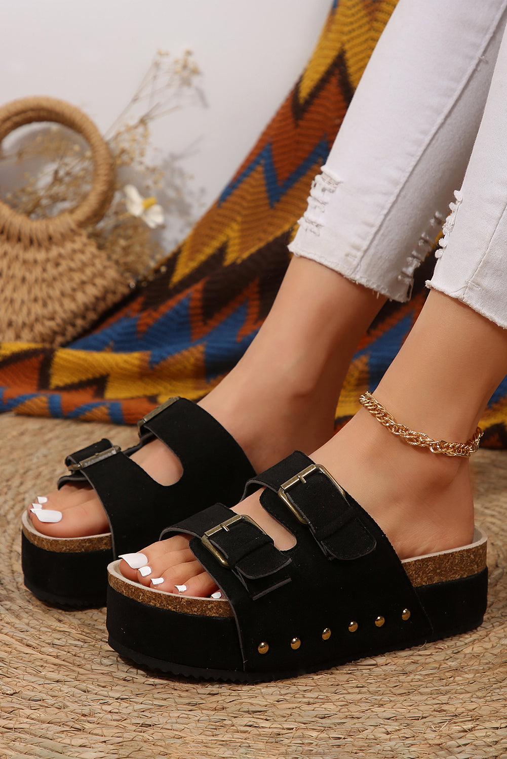 Suede Buckle Decor Footbed Sandal