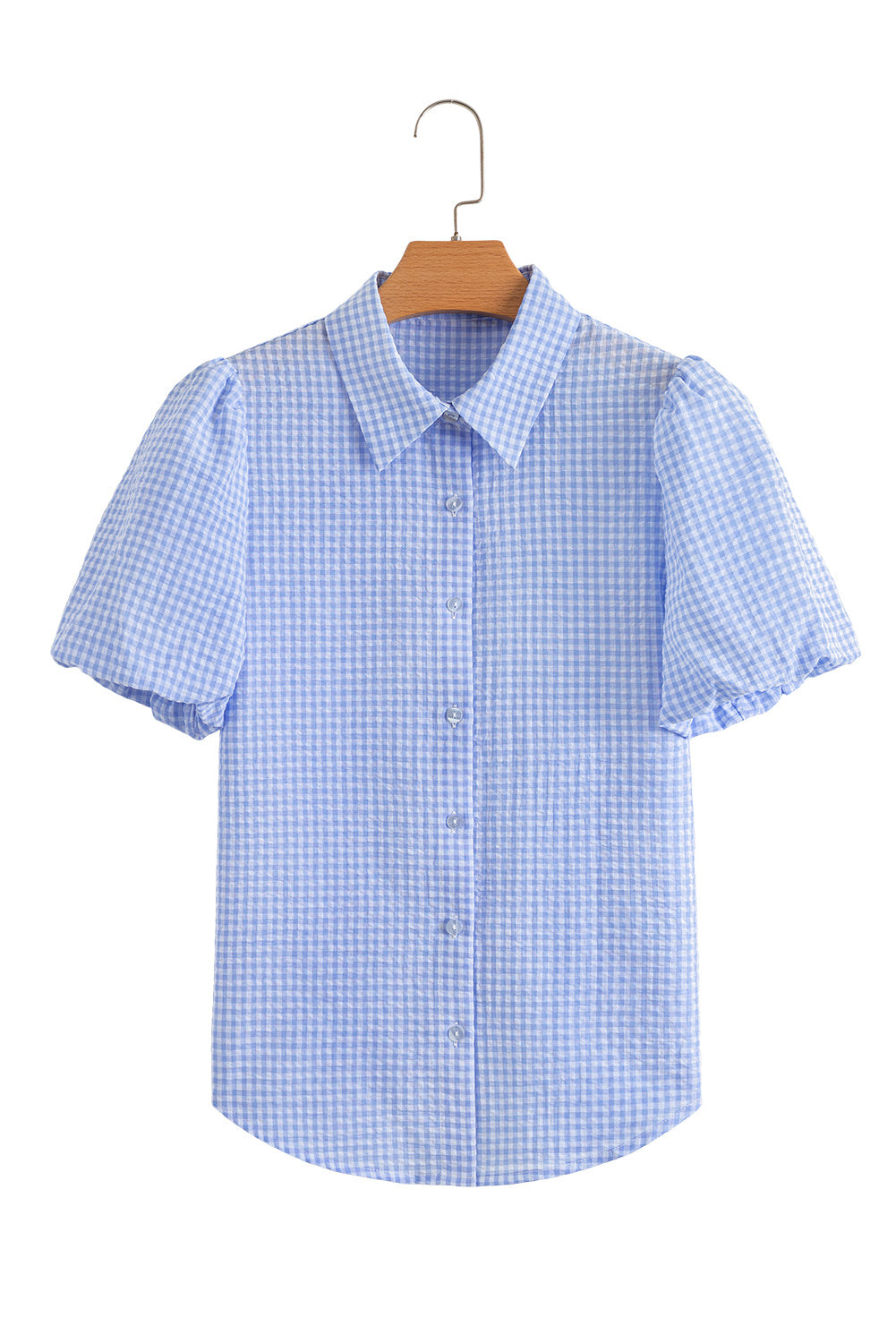 Gingham Short Puff Sleeve Button Up Shirt