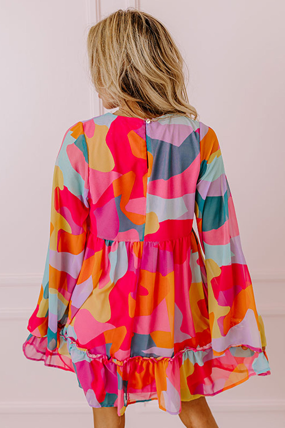 Abstract Print Bell Sleeve V Neck Babydoll Dress