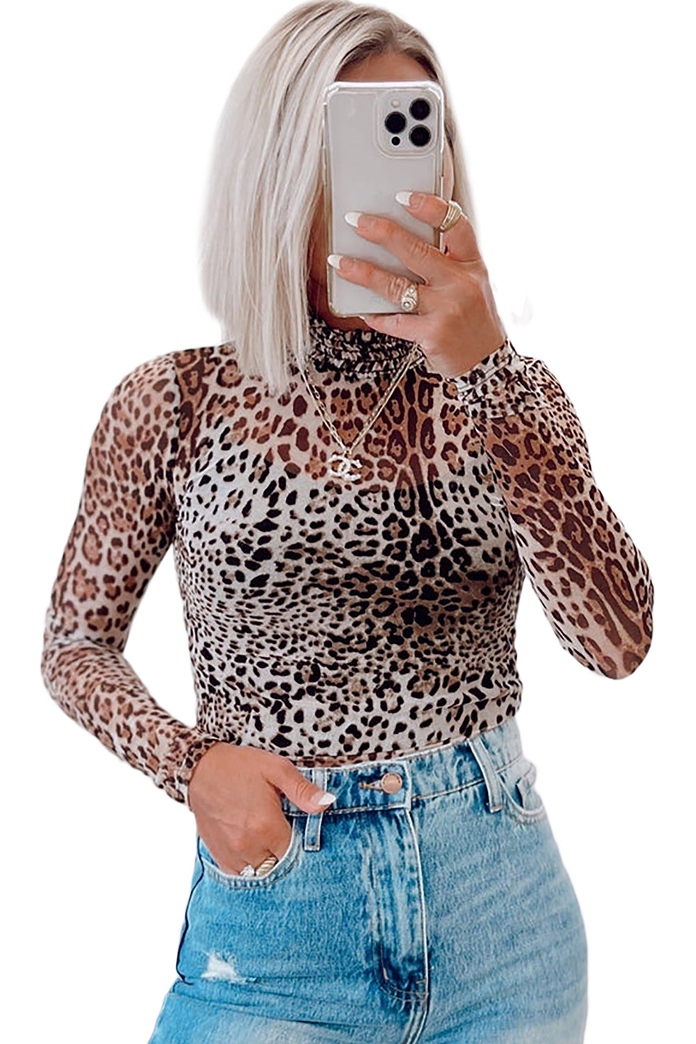 Leopard Smocked Neck Mesh Long Sleeve Bodysuit