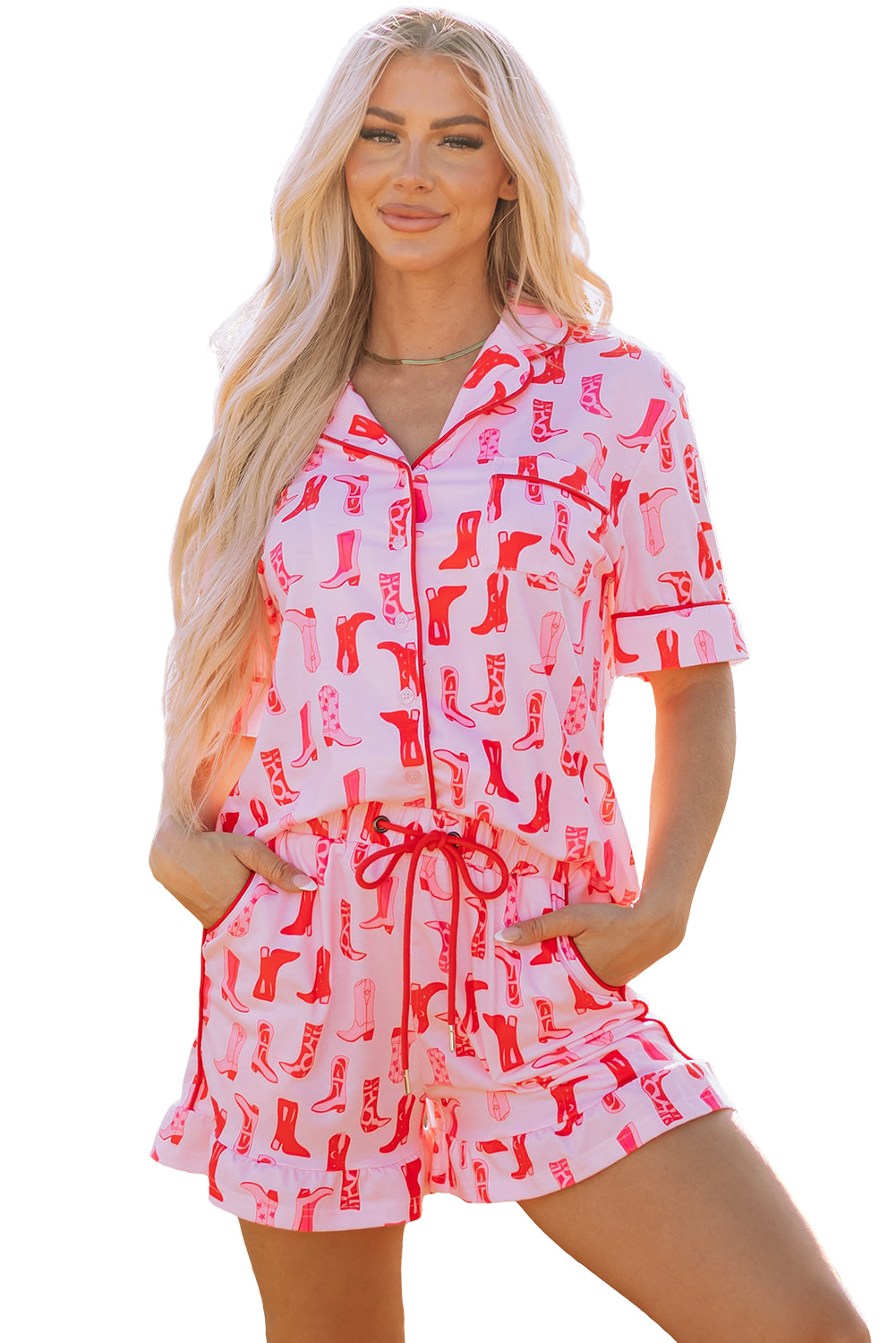 Western Cowgirl Boots Printed Shirt Ruffled Shorts Pajama Set