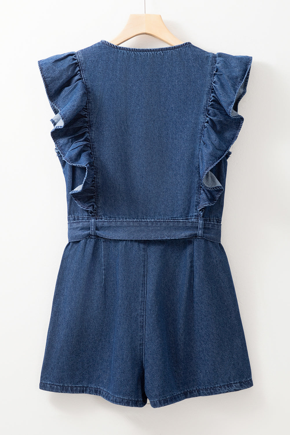 Denim Ruffled Zipped Front Belted Romper