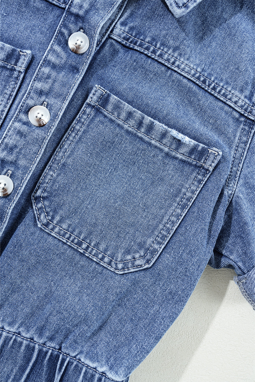 Chest Pocket Front Buttoned Folded Edge Denim Short Sleeve Romper