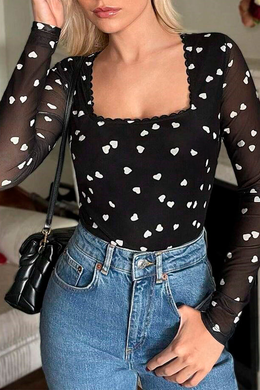 Heart Shape Mesh Patchwork Square Neck Bodysuit