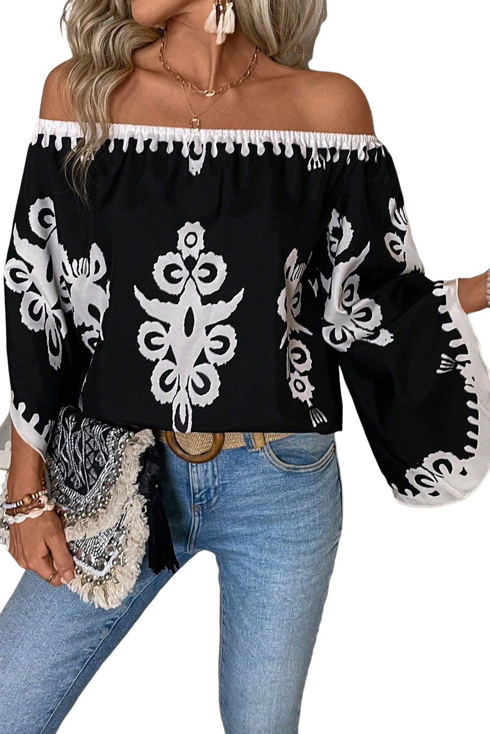 Tribal Printed Off Shoulder Loose Sleeve Blouse