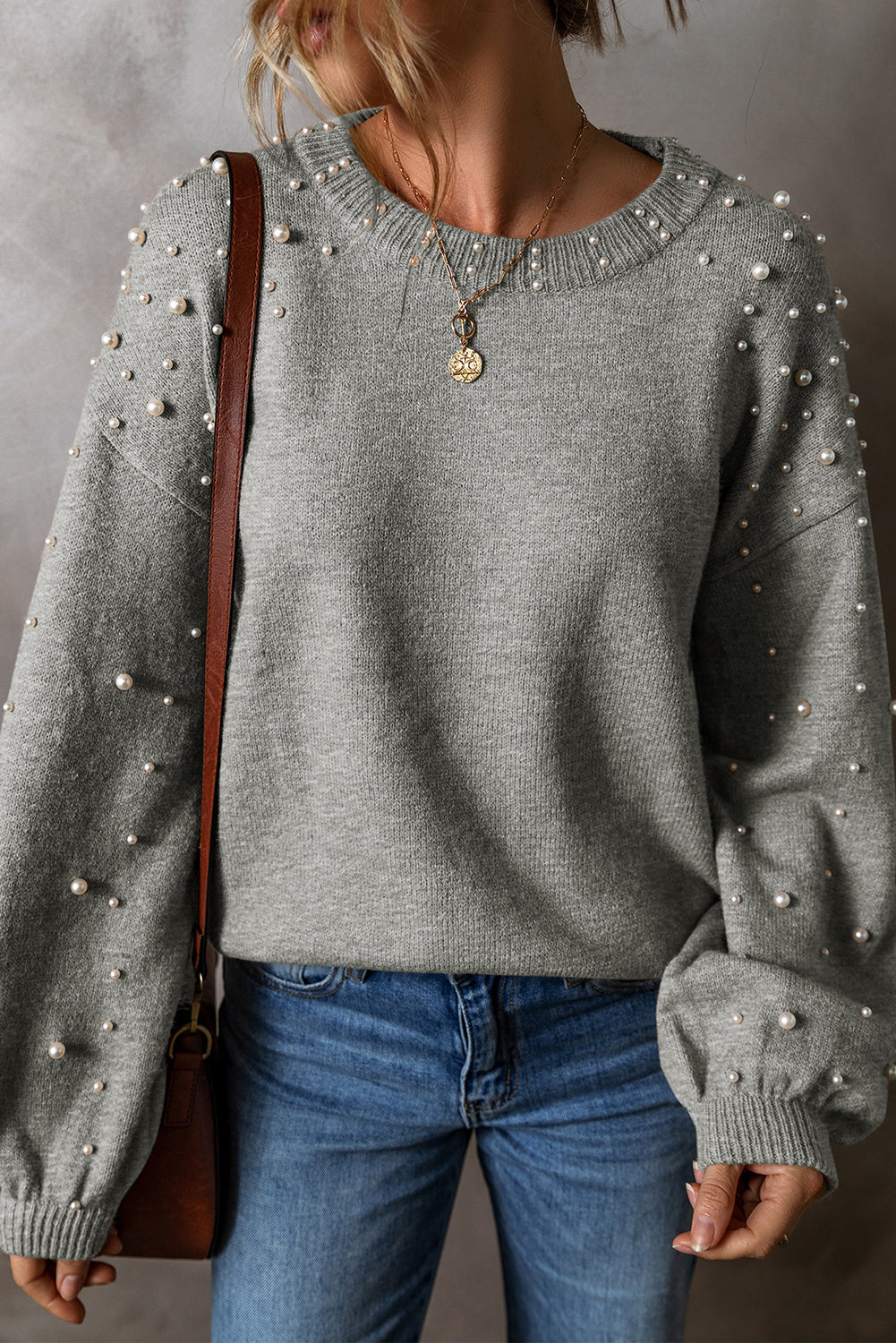 Pearled Drop Shoulder Round Neck Sweater