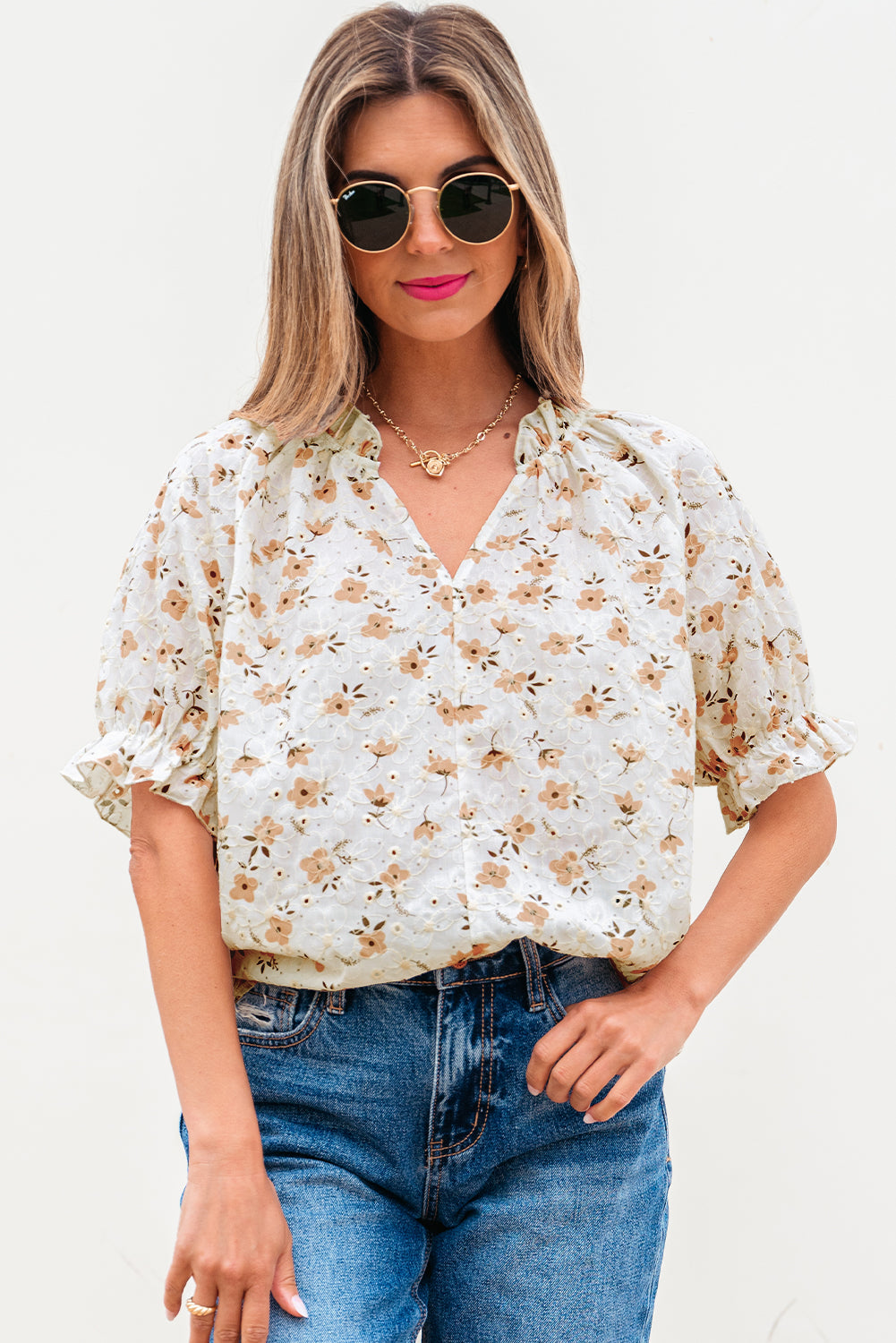 Floral Eyelet Embroidered Puff Sleeve Notch V Neck Blouse