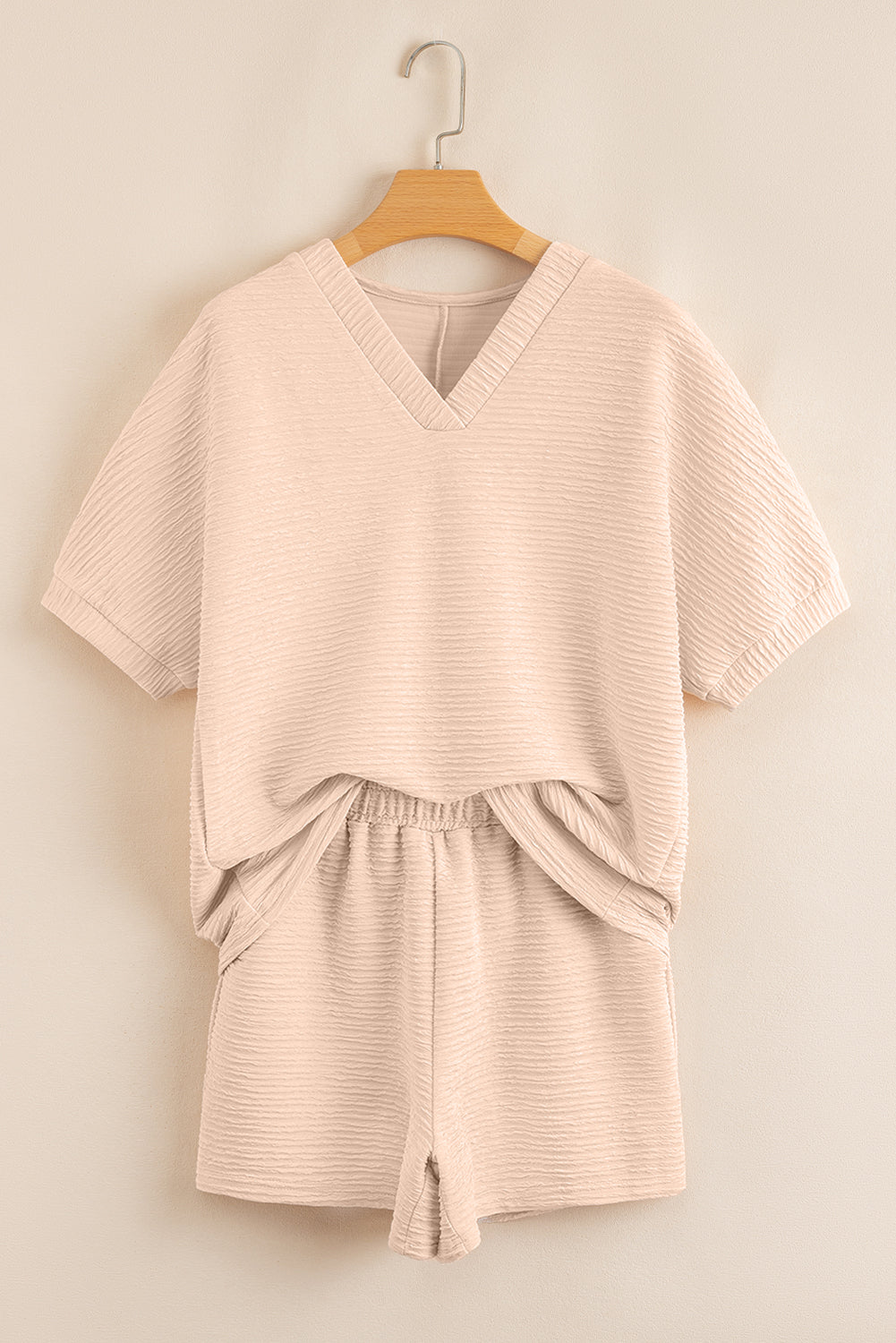 Textured V Neck T Shirt and Shorts Set