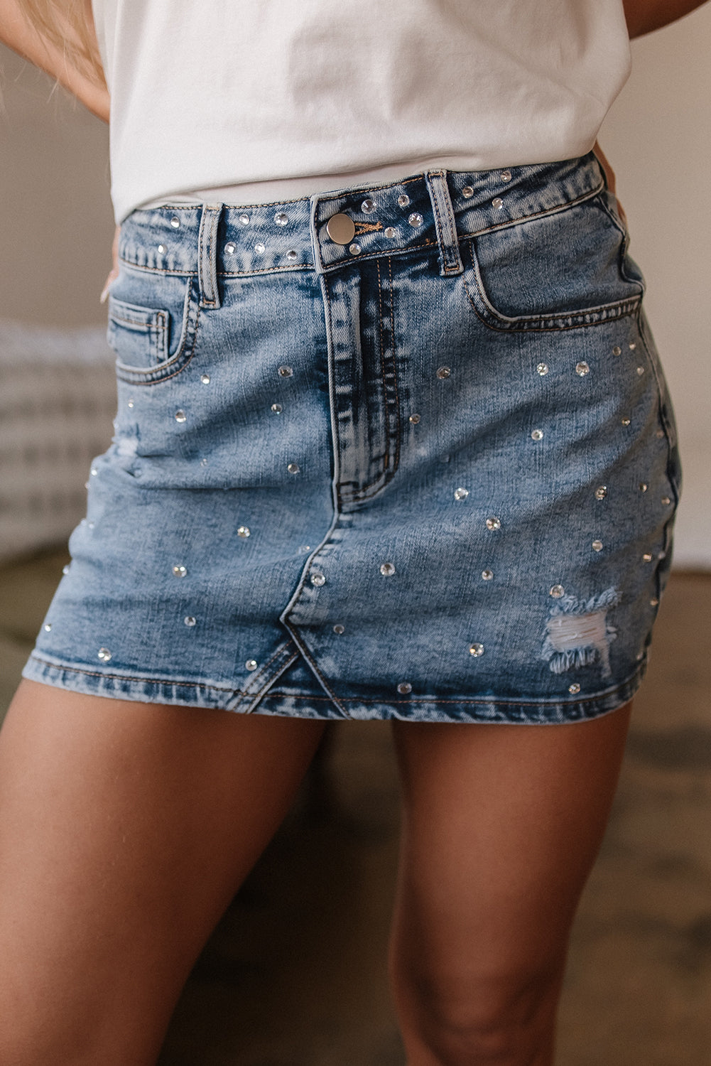 Rhinestone Distressed Denim High Waist Mini Skirt