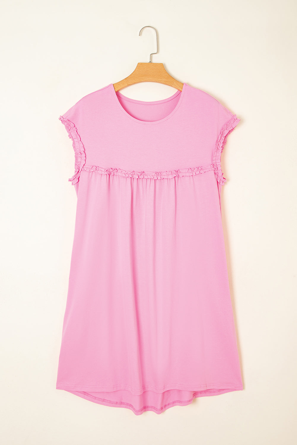 Frilled Trim Crew Neck Loose Fit Mini Dress