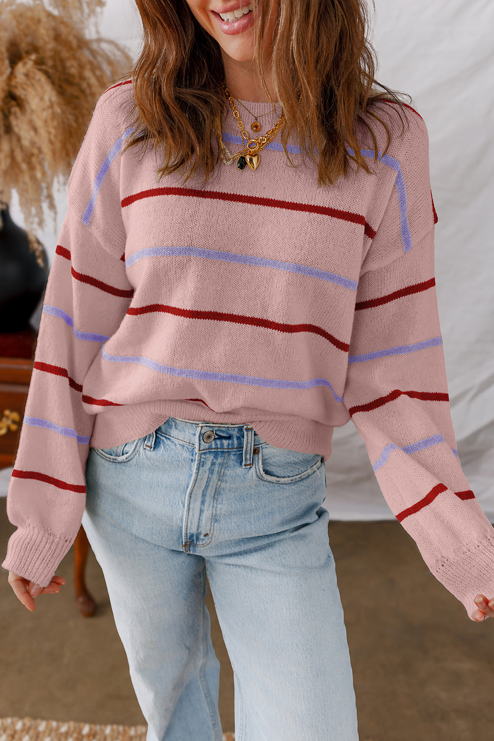 Stripe Ribbed Edge Drop Shoulder Sweater