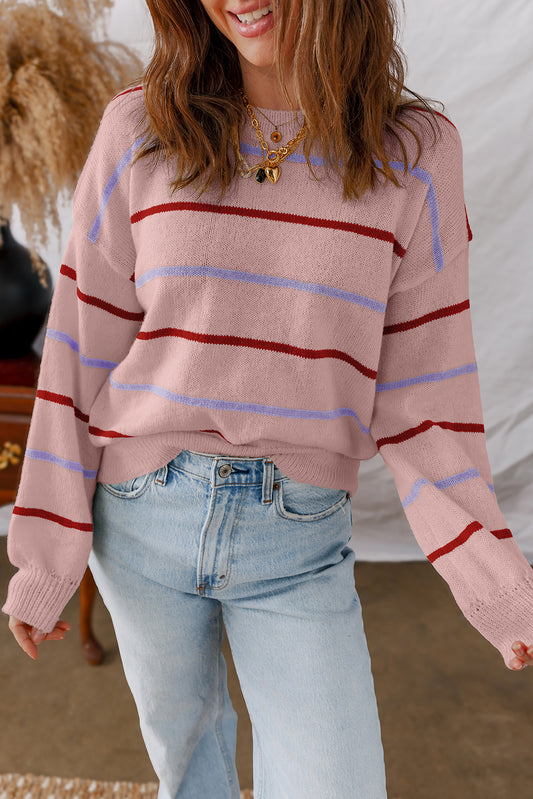 Stripe Ribbed Edge Drop Shoulder Sweater