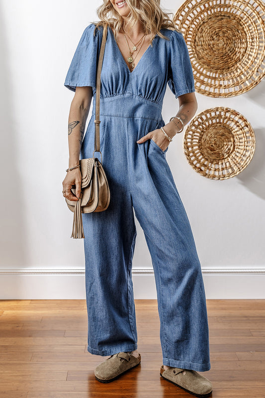 V Neck Short Sleeve Smocked Back Denim Loose Jumpsuit