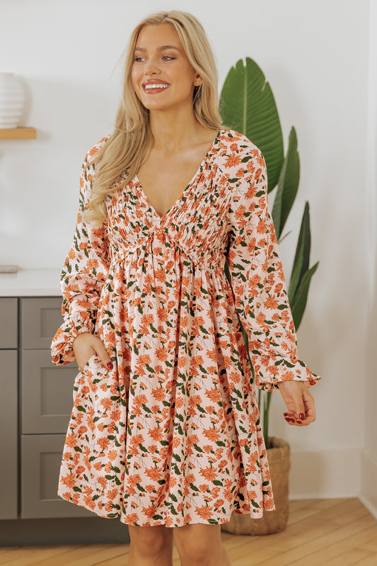 Floral Deep V Neck Smocked Bust Bubble Sleeve Babydoll Dress