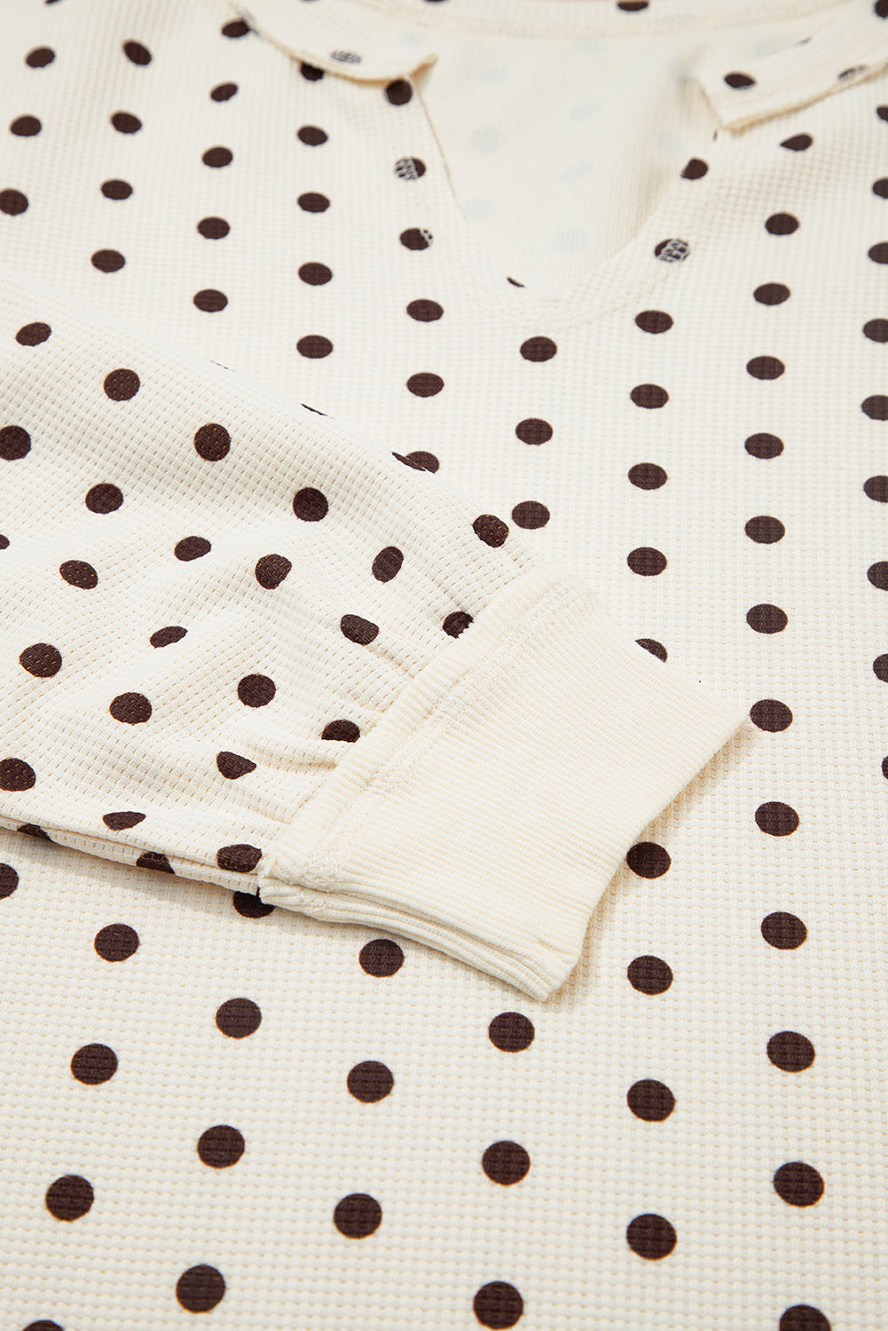 Polka Dot Print Notched Neck Long Sleeve Top Drawstring Jogger Pants Waffle Knit Lounge Set