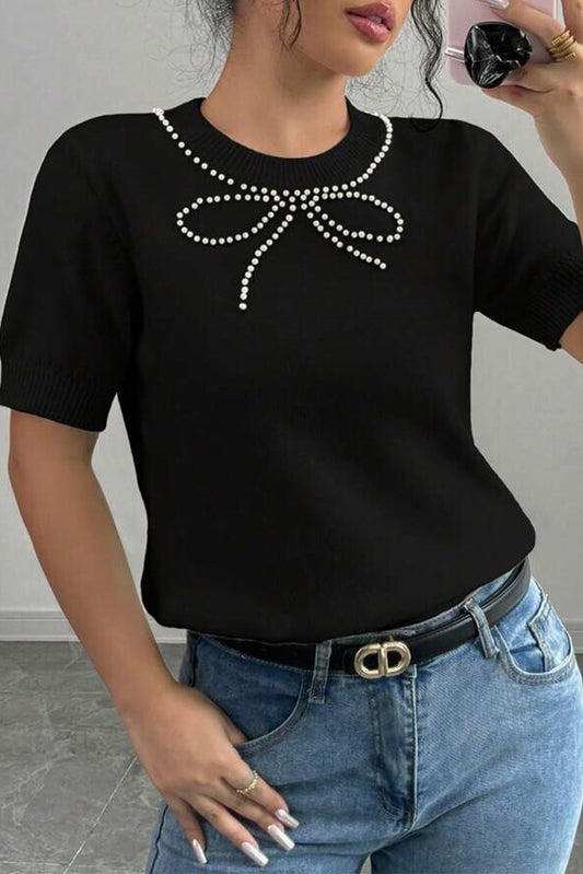 Pearl Bow Necklace Embellished Short Sleeve Knitted T Shirt