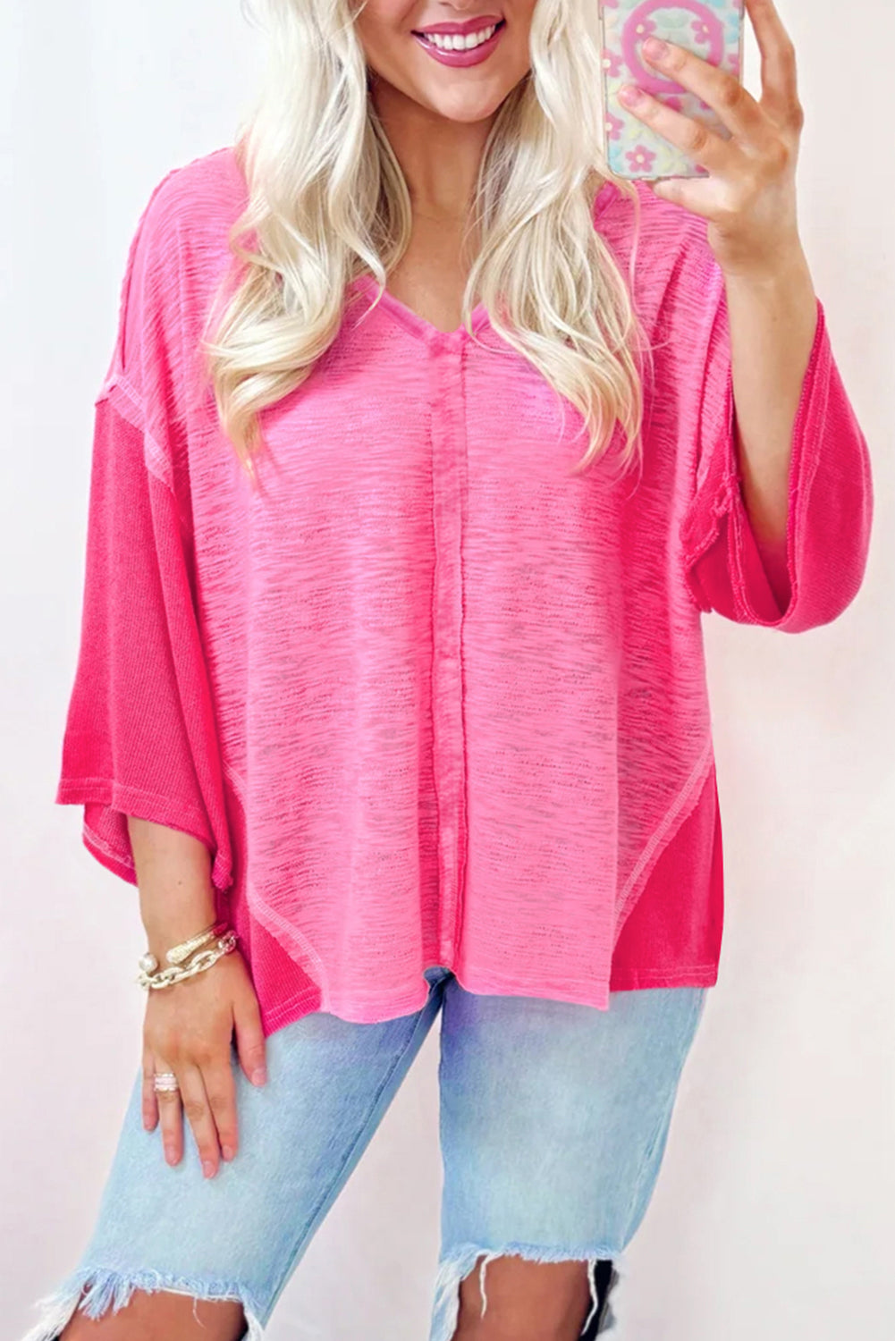 Contrast Patchwork 3/4 Sleeve V Neck Loose Blouse