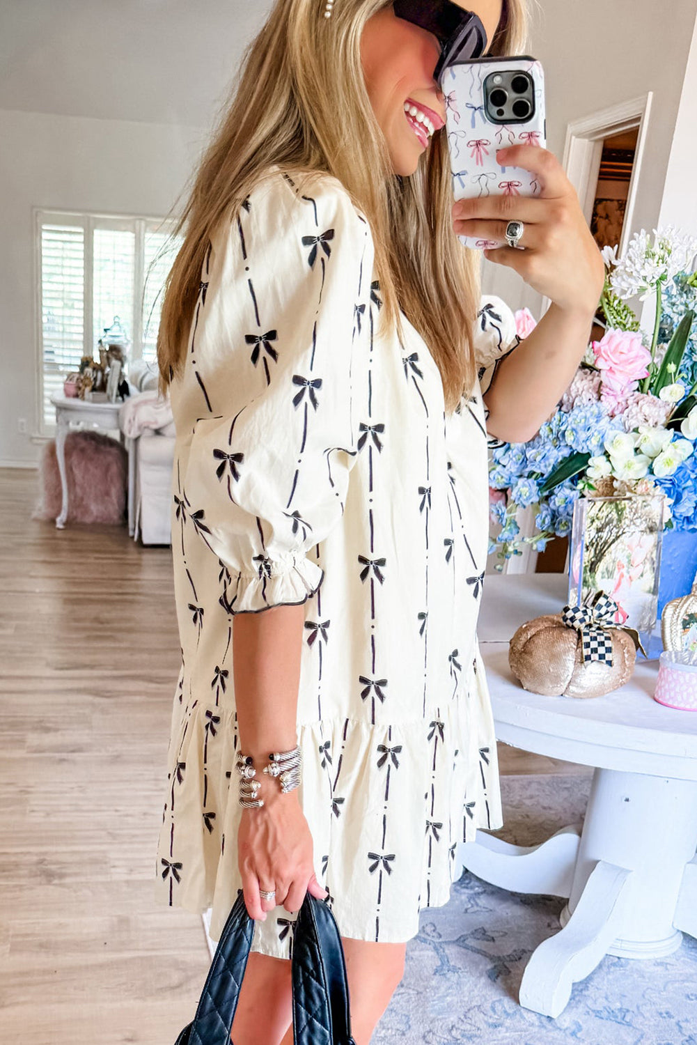 Cute Bowknot Printed Bubble Sleeve V Neck Mini Dress