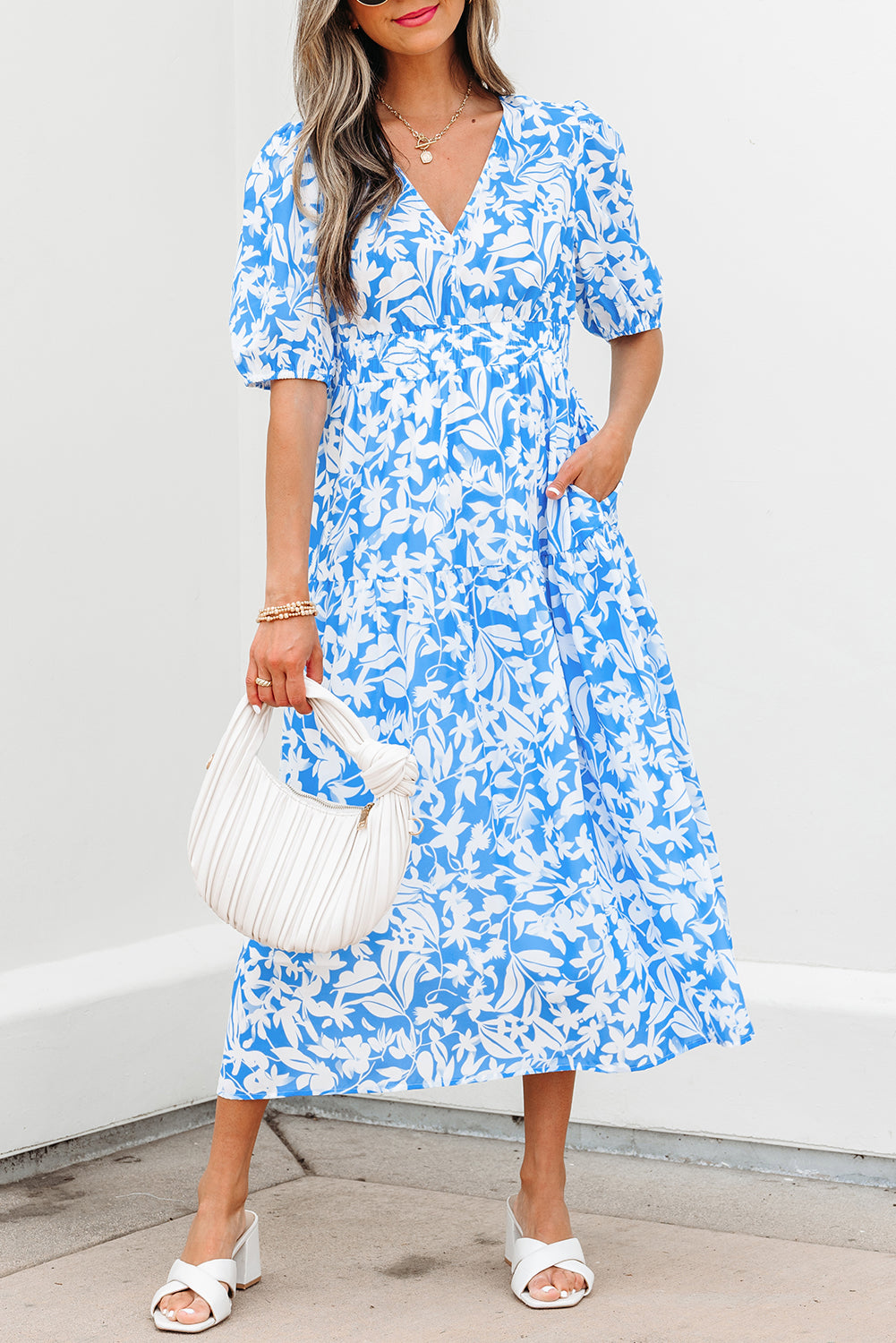 Floral V Neck Puff Short Sleeve Flowy Long Dress