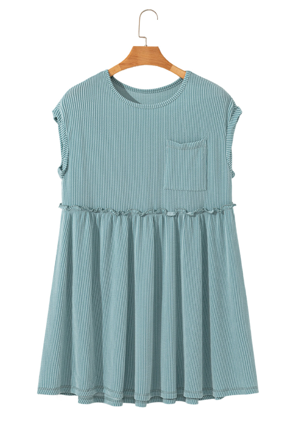 Corded Knit Textured Patched Pocket Frilled Swing Mini Dress with Pockets