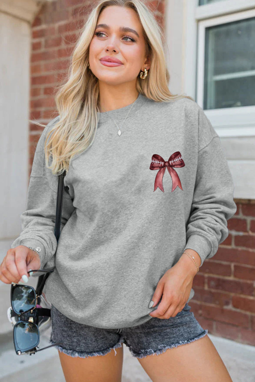 Football Bow Print Drop Shoulder Pullover Sweatshirt