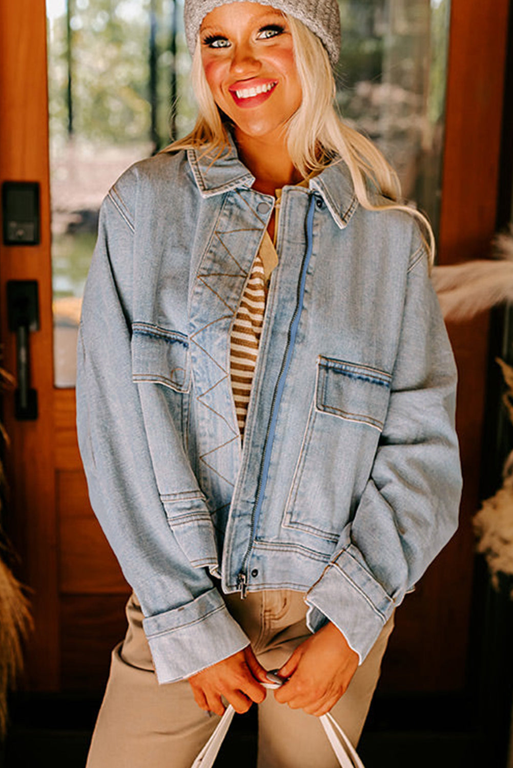 Street Style Zip Up Washed Denim Jacket