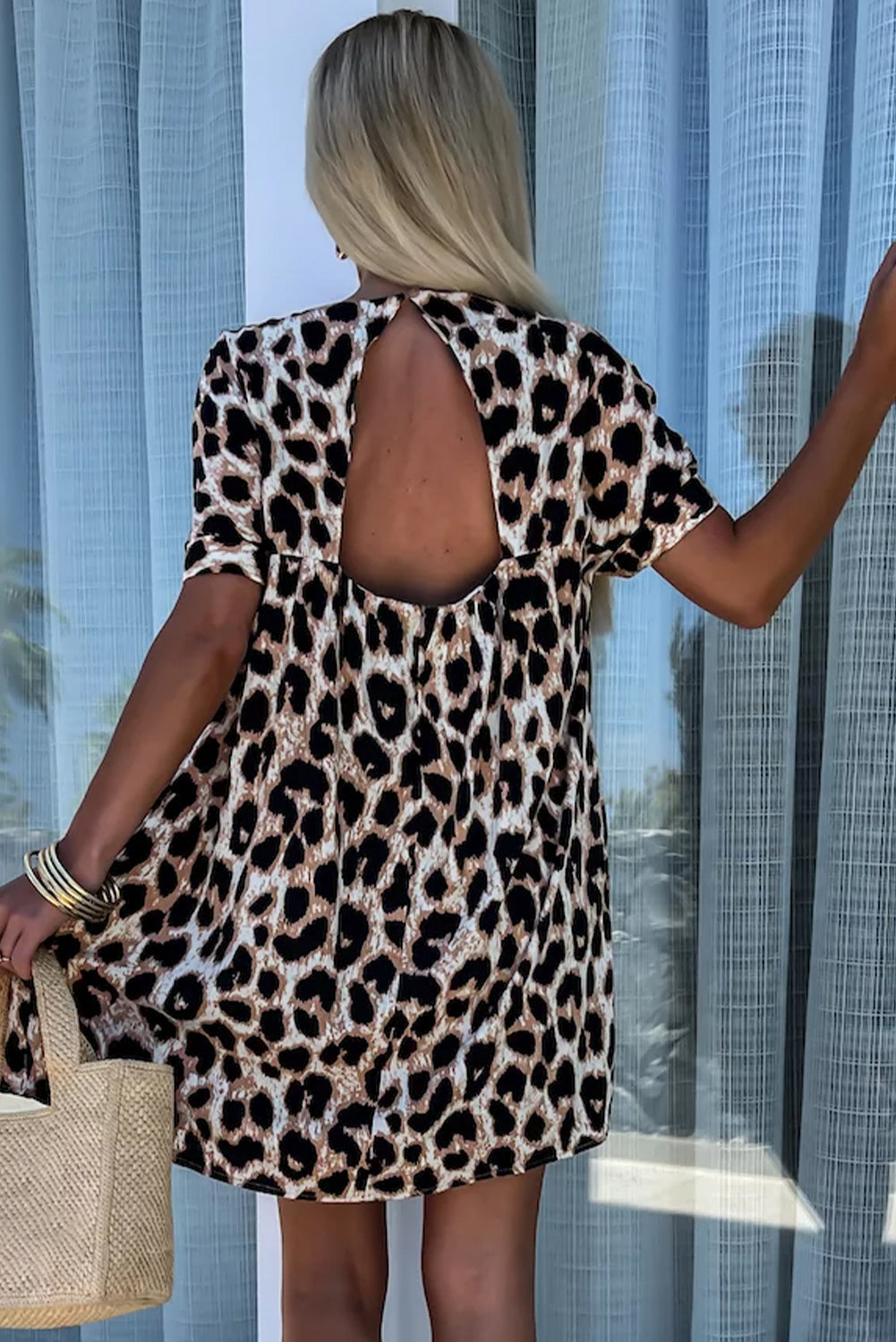 Cheetah Print Backless V Neck Loose Fit Mini Dress