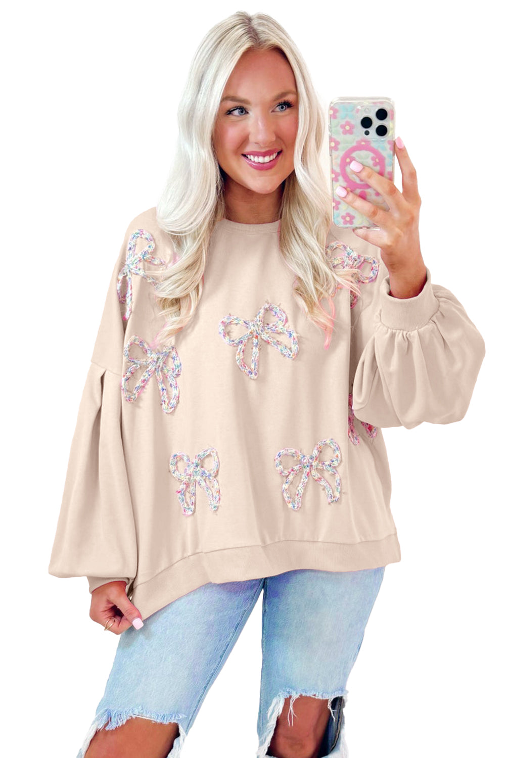 Embroidered Bow Lantern Sleeve Oversized Pullover Sweatshirt