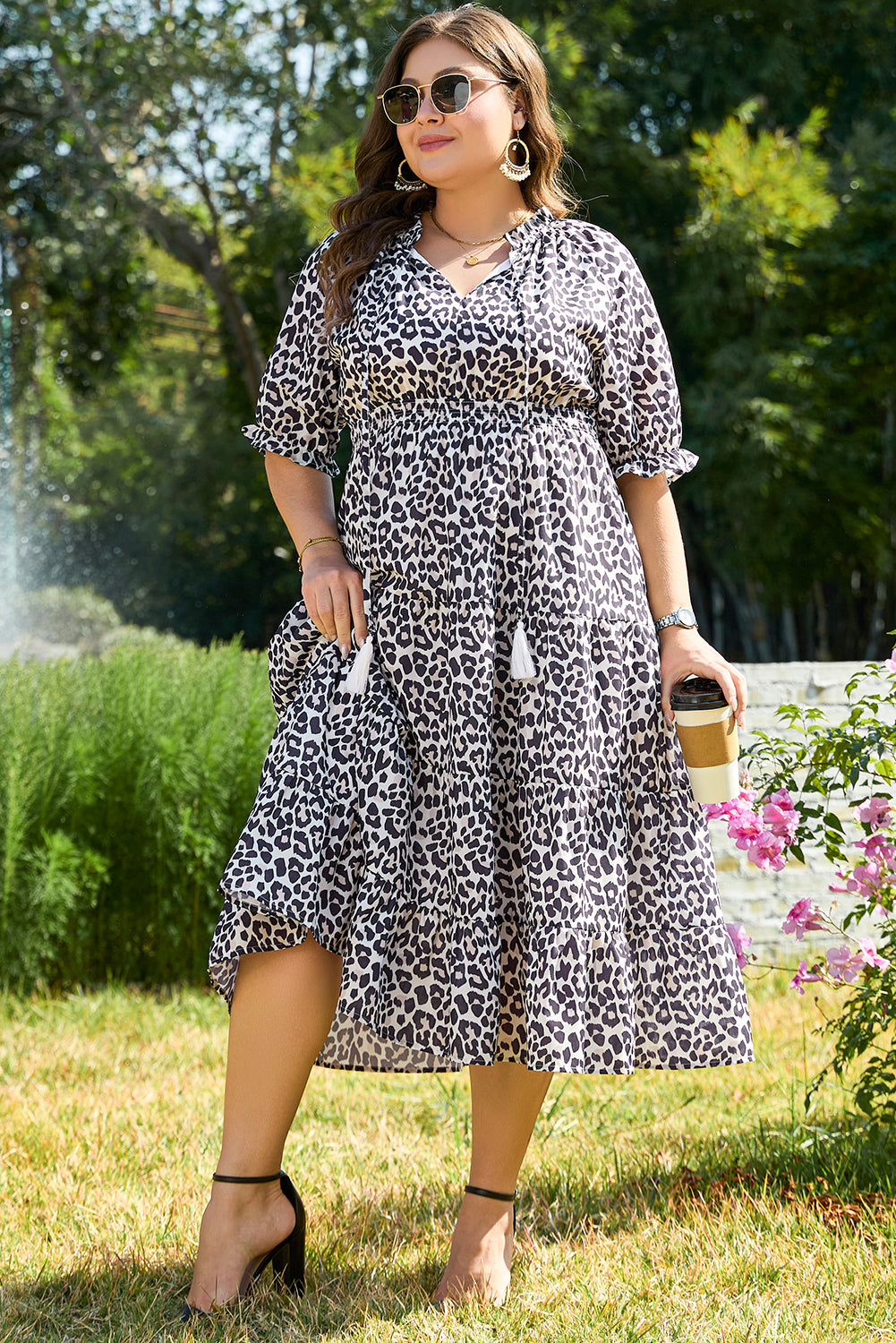 Leopard Tassel Tied Neck Short Sleeve Plus Size Dress