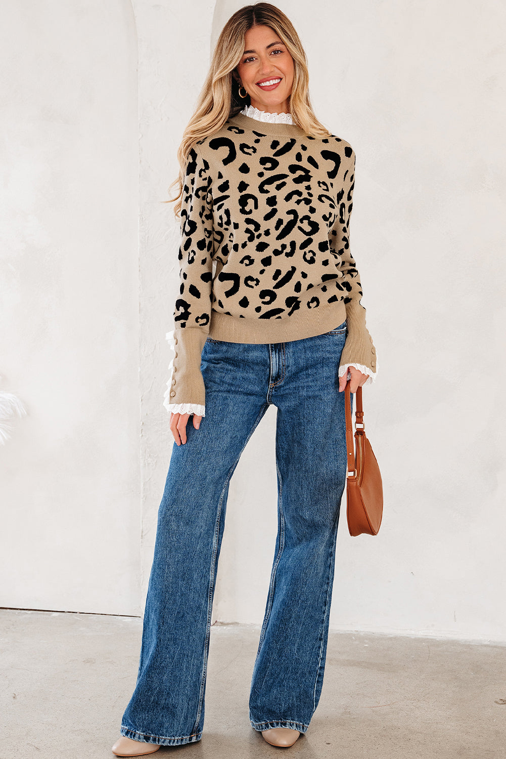 Leopard Pattern Lace Ribbed Detail Button Cuffed Sweater