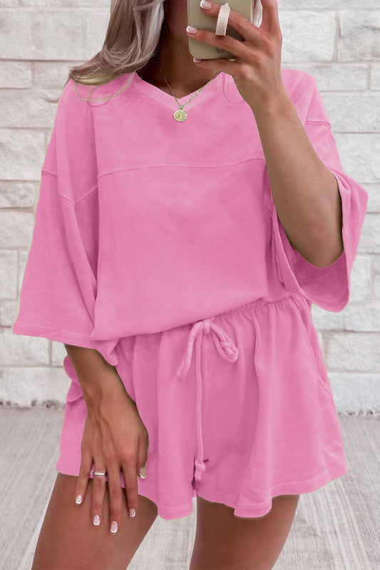 Solid Loose V Neck Half Sleeve Tee and Shorts