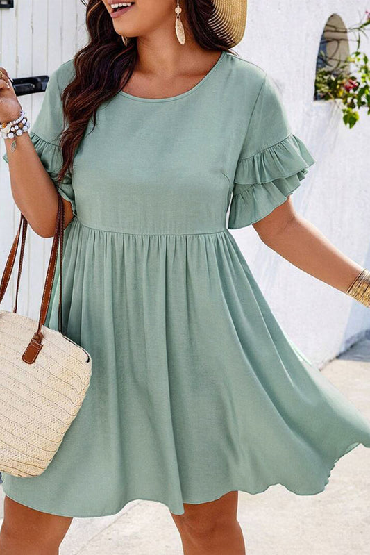 Ruffle Trim Short Sleeve Plus Size Flared Mini Dress