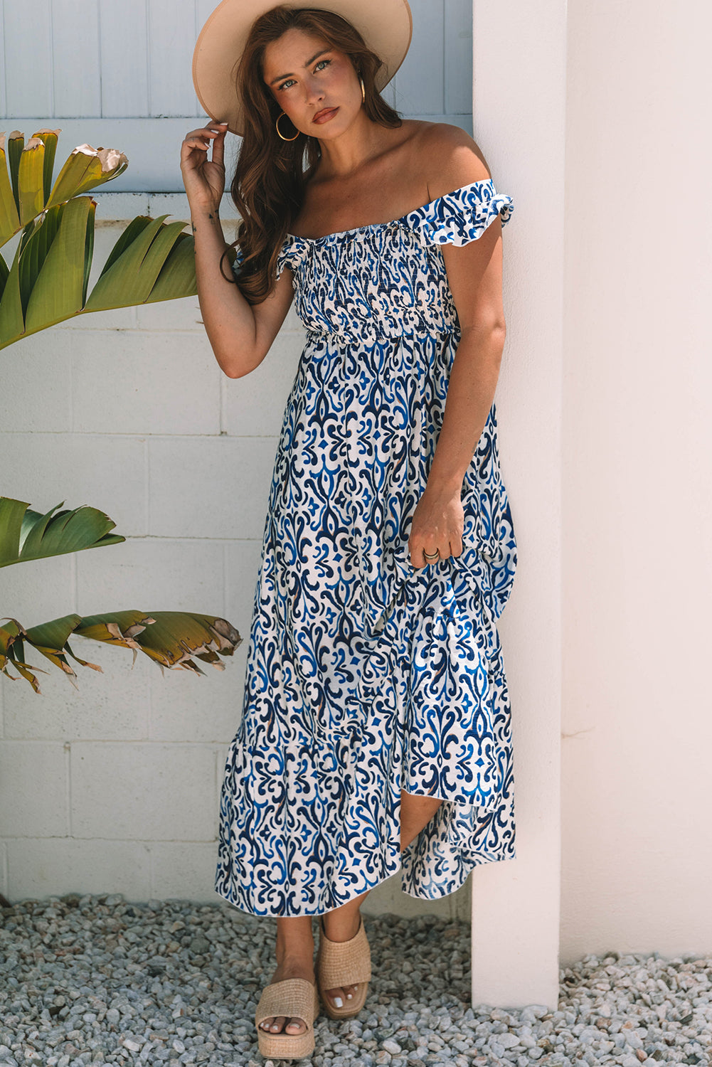 Boho Print Smocked High Waist Maxi Dress