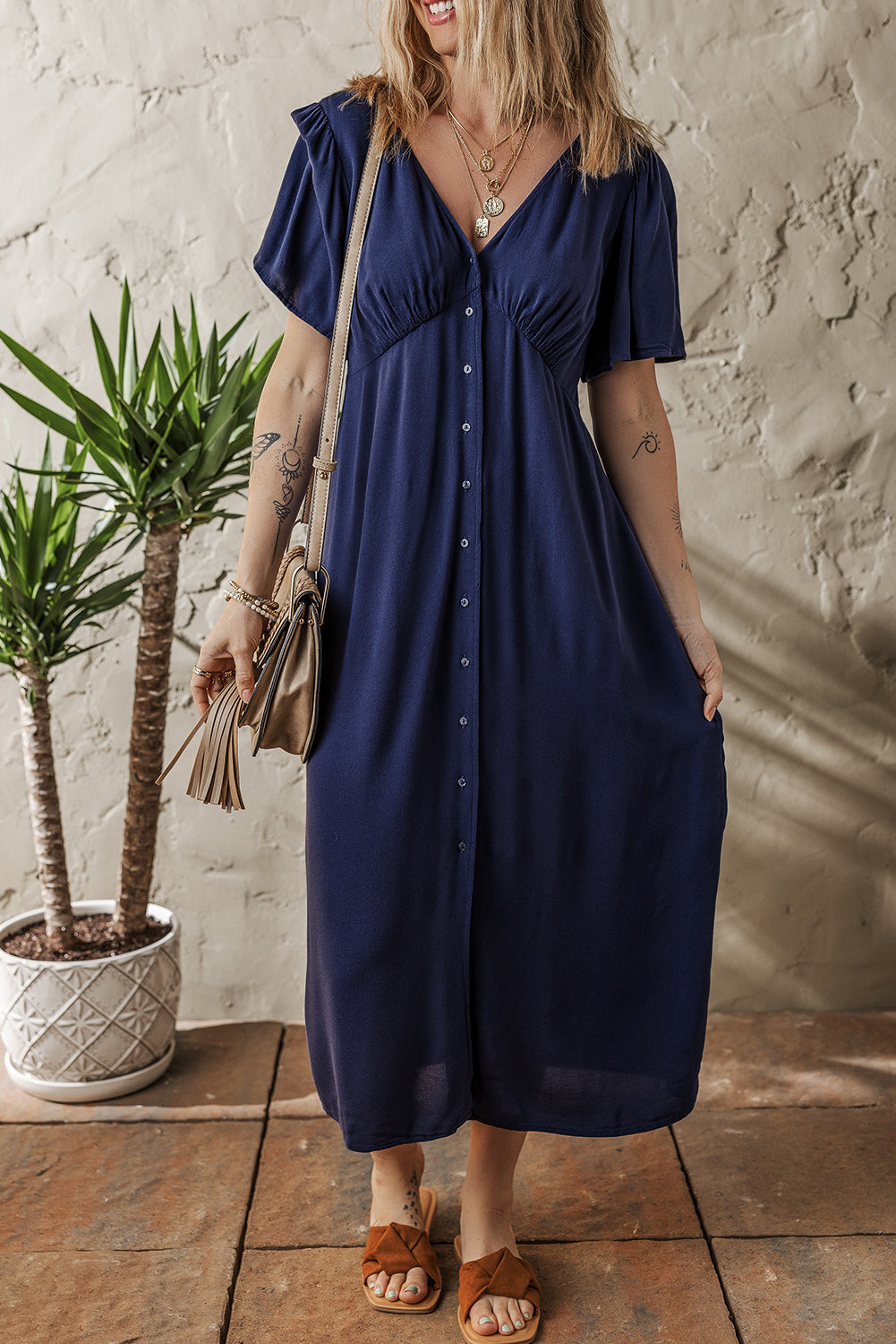 V Neck Buttoned Front Shirred Back Short Sleeve Midi Dress