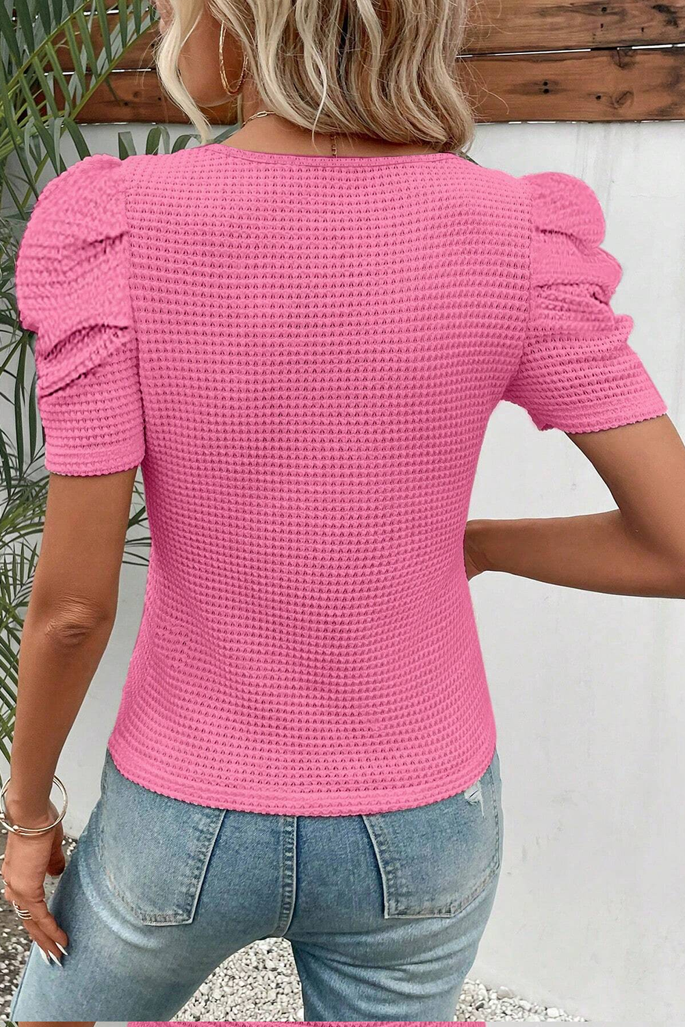 Waffle Knit Ruched Puff Sleeve Top