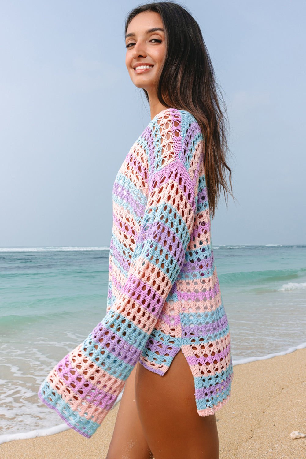 Multi Stripe Open Knit Sweater Beach Cover Up