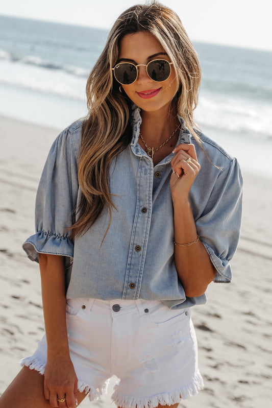 Ruffle Short Puff Sleeve Summer Chambray Shirt